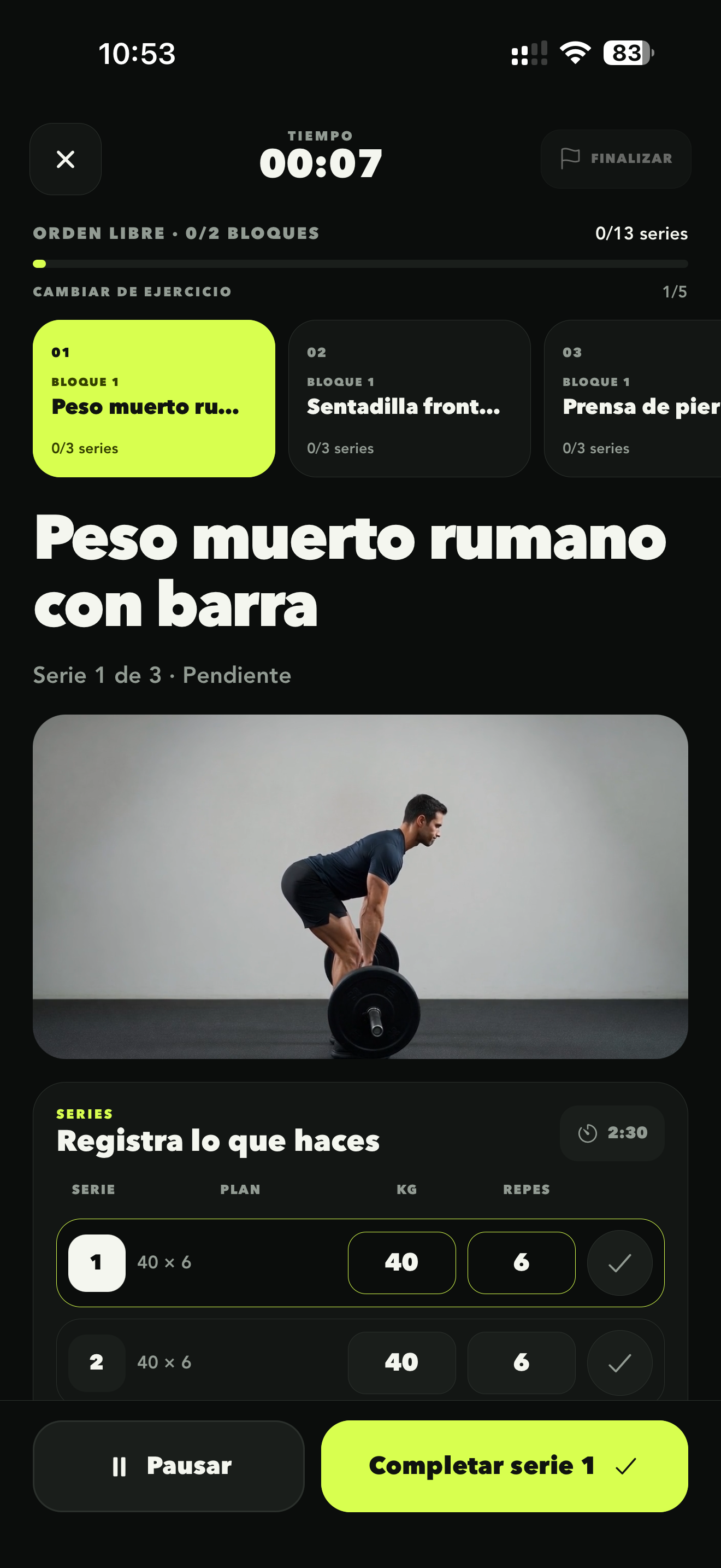 Captura real de una sesión activa en Ciclo Fitness